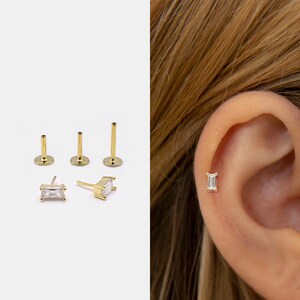 18g Push Pin Labret Stud • 925 Sterling Silver • Tiny Baguette Stud • Tragus Stud • Flat Back Earring • Helix • Conch • Cartilage Stud