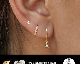 18/16G Moon Internally Threaded • 925 Sterling Silver • Tragus Stud • Flat Back Earring • Helix • Conch • Cartilage Stud