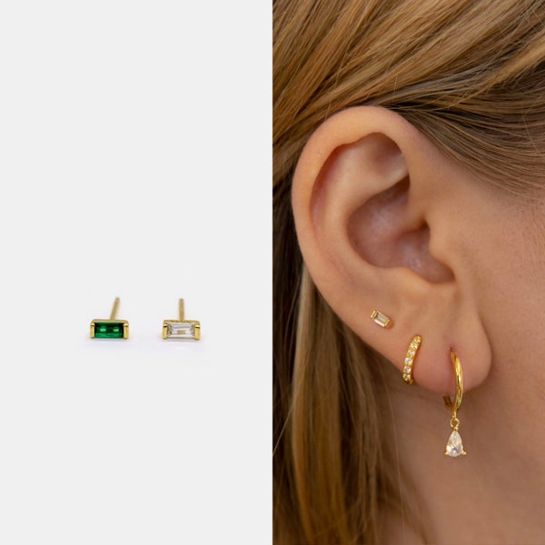 Tiny Baguette Stud Earrings • Emerald, White Cz Earrings • Tiny dainty earrings • Tiny gold studs