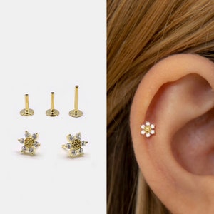 18g Push Pin Labret Stud • 925 Sterling Silver • Tiny Flower Stud • Tragus Stud • Flat Back Earring • Helix • Conch • Cartilage Stud