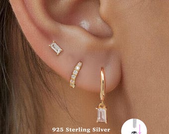 18g Baguette Push-Pin Labret Ohrstecker • 925 Sterling Silber • Winziger Ohrstecker • Tragus Ohrstecker • Flache Rückseite • Helix • Muschel • Knorpel Ohrstecker