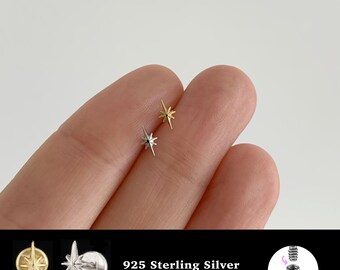 18/16G Starburst Internally Threaded • 925 Sterling Silver • Tragus Stud • Flat Back Earring • Helix • Conch • Cartilage Stud