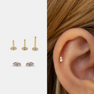 18g Labret Bolzen • 925 Sterling Silber • Zwei Stein Ohrstecker • Tragus Ohrstecker • Flache Rückseite • Helix • Muschel • Knorpel Ohrstecker