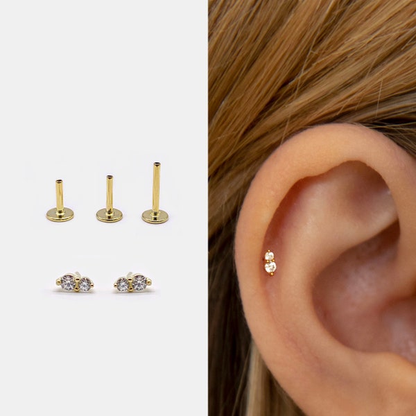 18g Push Pin Labret Stud • 925 Sterling Silver • Two Stone Stud • Tragus Stud • Flat Back Earring • Helix • Conch • Cartilage Stud