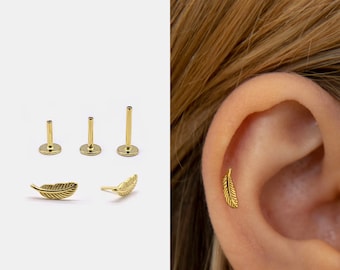 18g Labret Ohrstecker • 925 Sterling Silber • Kleine Blatt Ohrstecker • Tragus Ohrstecker • Flache Rückseite • Helix • Muschel • Knorpel Ohrstecker