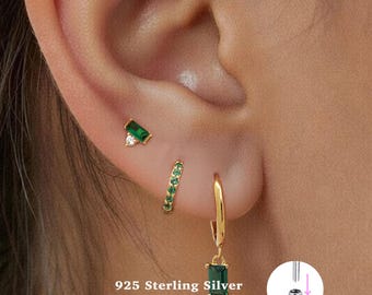 18g Labret Ohrstecker • 925 Sterling Silber • Kleiner Baguette Ohrstecker • Tragus Ohrstecker • Flache Rückseite • Helix • Muschel • Knorpel Ohrstecker