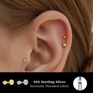 18/16G 2-3mm Ball Internally Threaded Labret • 925 Sterling Silver • Tragus Stud • Flat Back Earring • Helix • Conch • Cartilage Stud