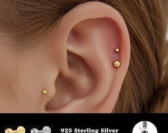 Labret con rosca interna de bola de 2-3 mm y 18/16 g • Plata de ley 925 • Perno para trago • Pendiente con parte posterior plana • Hélice • Caracola • Perno para cartílago