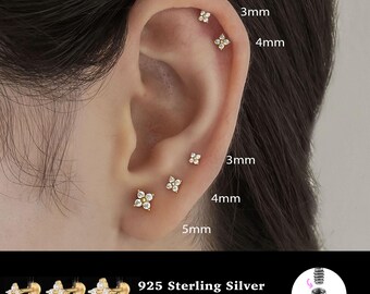 18/16G Flower Internally Threaded Labret • 925 Sterling Silver • Tragus Stud • Flat Back Earring • Helix • Conch • Cartilage Stud