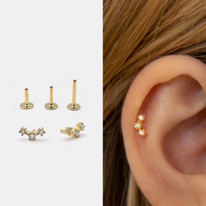 18g Push Pin Labret Stud • 925 Sterling Silver • Three cz Stud • Tragus Stud • Flat Back Earring • Helix • Conch • Cartilage Stud