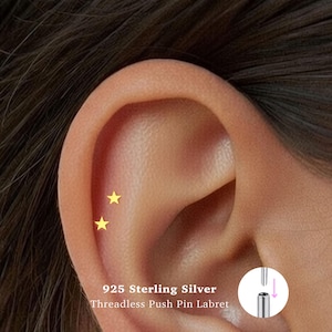 18g Star Push Pin Labret Stud • 925 Sterling Silver • Star Stud • Tragus Stud • Flat Back Earring • Helix • Conch • Cartilage Stud