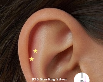 18g Star Push Pin Labret Stud • 925 Sterling Silver • Star Stud • Tragus Stud • Flat Back Earring • Helix • Conch • Cartilage Stud