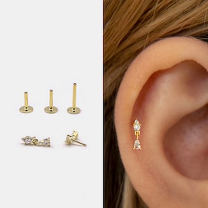 18g Push Pin Labret Stud • 925 Sterling Silver • Tiny cz Dangle Studs • Tragus Stud • Flat Back Earring • Helix • Conch • Cartilage Stud kk