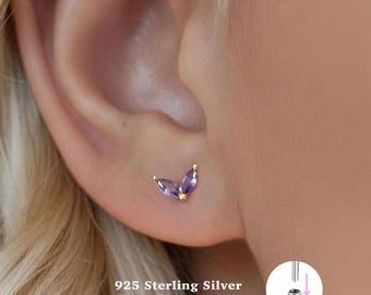 18g Labret Ohrstecker • 925 Sterling Silber • Kleine Cz Blume Ohrstecker • Tragus Ohrstecker • Flache Rückseite • Helix • Muschel • Knorpel Ohrstecker