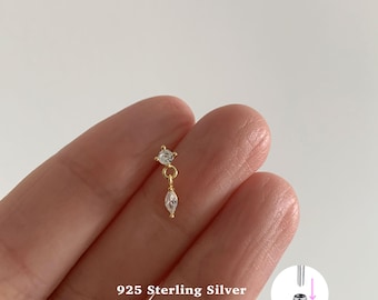 18g Cz dangle Push Pin Labret Stud • 925 Sterling Silver •Tiny cz Dangle Studs •Tragus Stud •Flat Back Earring •Helix •Conch •Cartilage Stud