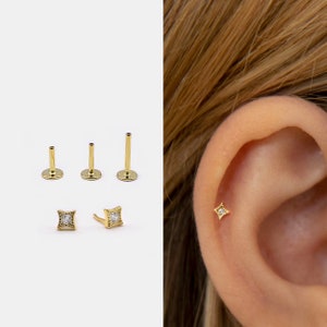 18g Push Pin Labret Stud • 925 Sterling Silver • Tiny cz Studs • Tragus Stud • Flat Back Earring • Helix • Conch • Cartilage Stud