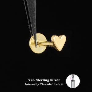 18/16G Heart Internally Threaded • 925 Sterling Silver • Tragus Stud • Flat Back Earring • Helix • Conch • Cartilage Stud