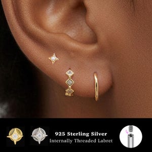 18/16G Tiny cz filettato internamente • Argento Sterling 925 • Perno Tragus • Orecchino posteriore piatto • Elica • Conchiglia • Perno Cartilagine