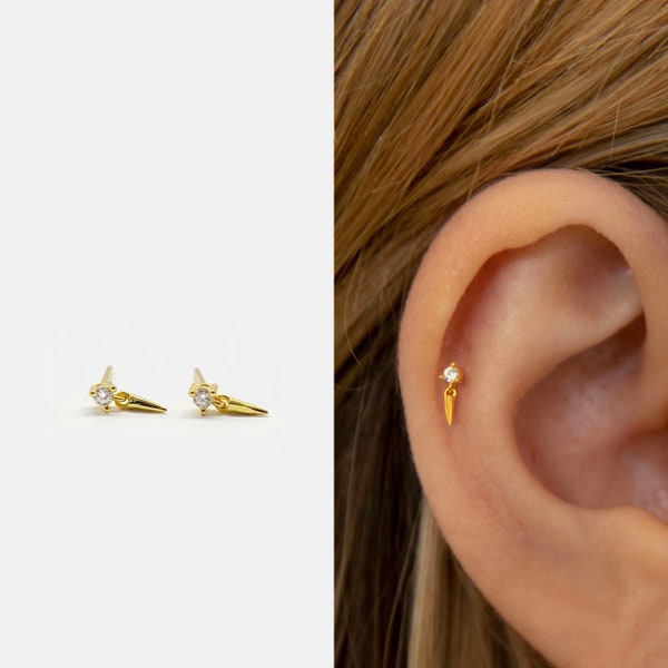 Tiny Spike Dangle Studs • Dainty Dangle Earrings • Cz Stud Earrings • Tiny dainty earrings • Tiny gold studs