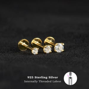 18/16G Cz Internally Threaded Labret • 925 Sterling Silver • Tragus Stud • Flat Back Earring • Helix • Conch • Cartilage Stud