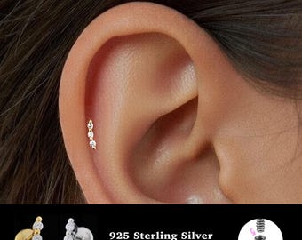 18/16G Three cz Internally Threaded • 925 Sterling Silver • Tragus Stud • Flat Back Earring • Helix • Conch • Cartilage Stud