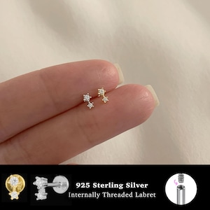 18/16G Two Stone Internally Threaded • 925 Sterling Silver • Tragus Stud • Flat Back Earring • Helix • Conch • Cartilage Stud