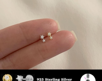 18/16G Two Stone Internally Threaded • 925 Sterling Silver • Tragus Stud • Flat Back Earring • Helix • Conch • Cartilage Stud