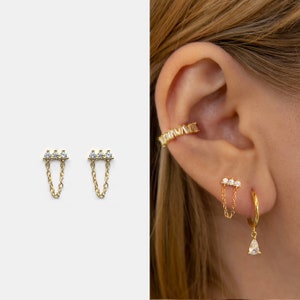 Three Cz Bar Stud Earrings • 925 Sterling Silver • Chain Stud Earrings • Tiny dainty earrings • Tiny gold studs