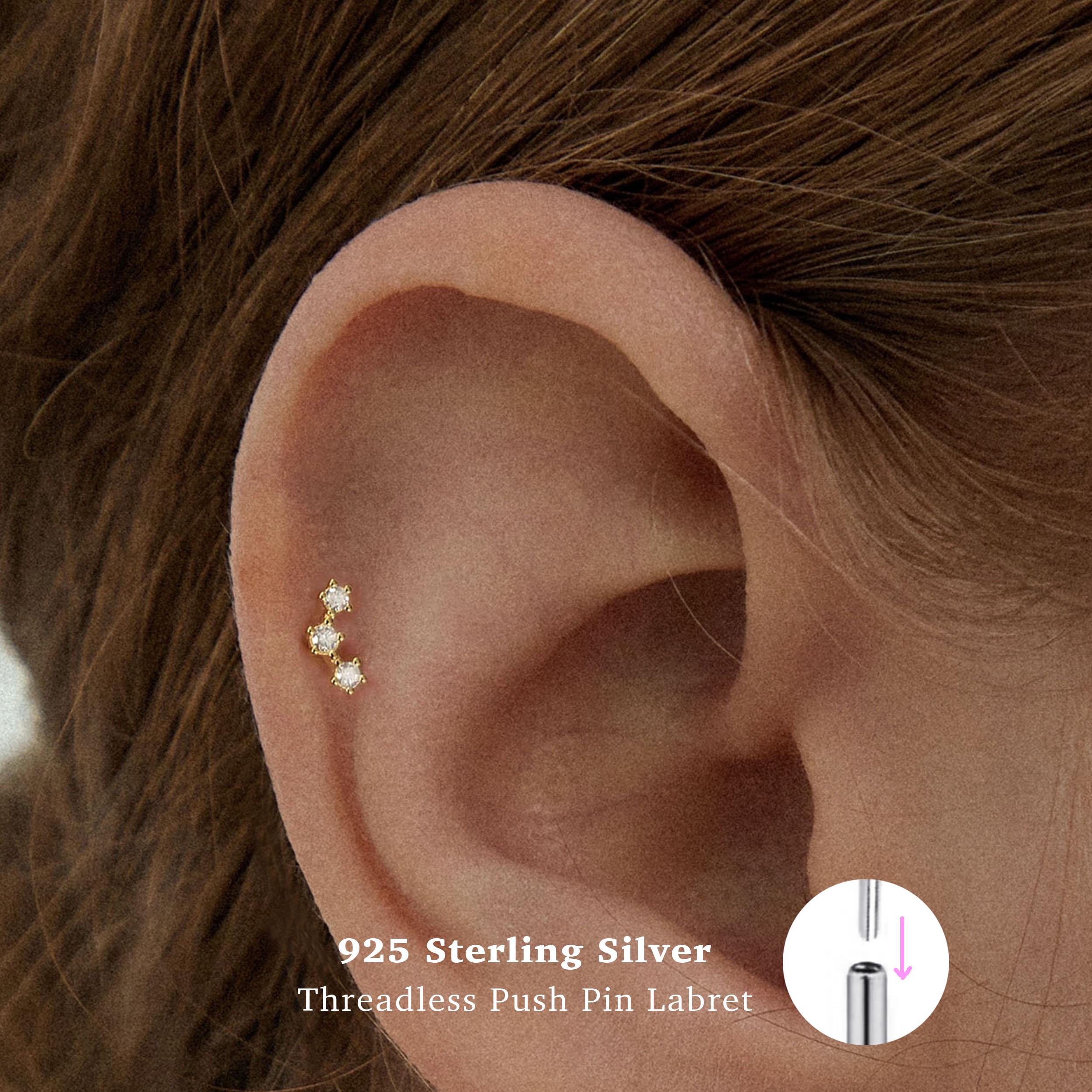 18g Push Pin Labret Stud • 925 Sterling Silver • Three cz Stud • Tragus Stud • Flat Back Earring • Helix • Conch • Cartilage Stud
