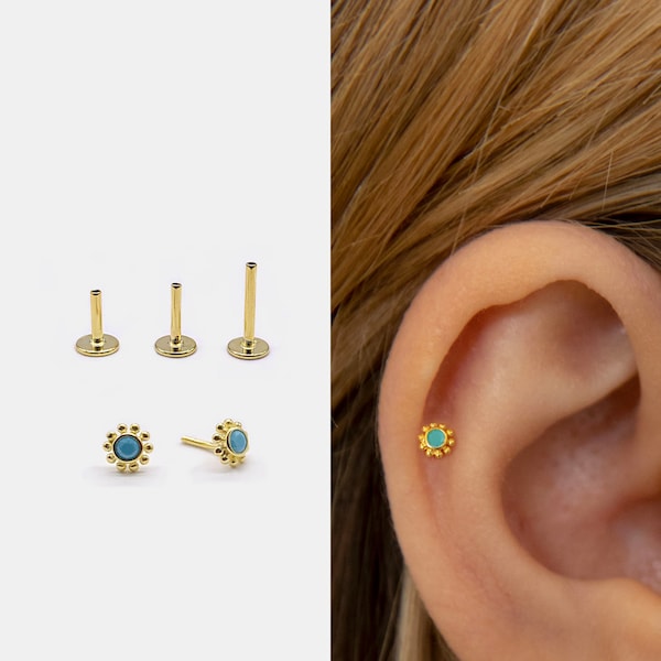 18g Push Pin Labret Stud • 925 Sterling Silver • Turquoise Flower Stud • Tragus Stud • Flat Back Earring • Helix • Conch • Cartilage Stud