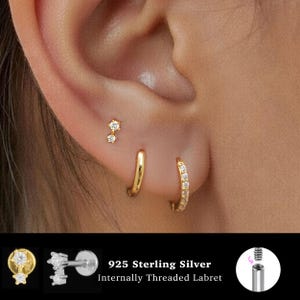 18/16G Two Stone Internally Threaded • 925 Sterling Silver • Tragus Stud • Flat Back Earring • Helix • Conch • Cartilage Stud