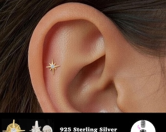 18/16G Star Internally Threaded • 925 Sterling Silver • Tragus Stud • Flat Back Earring • Helix • Conch • Cartilage Stud