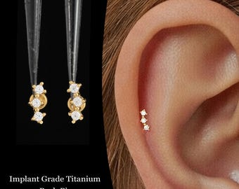 20/18/16G Three Stone Push Pin Labret • Titanium Threadless Flat Back Earring • Tragus Stud • Helix Stud • Cartilage Stud • Nose Stud