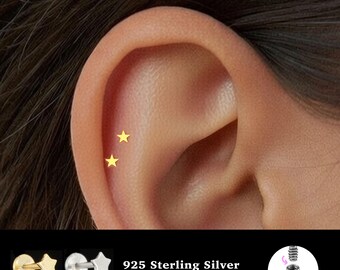 18/16G Star Internally Threaded • 925 Sterling Silver • Tragus Stud • Flat Back Earring • Helix • Conch • Cartilage Stud