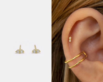 Tiny Two Stone Stud Earrings • Cz Stud Earrings • Tiny dainty earrings • Tiny gold studs