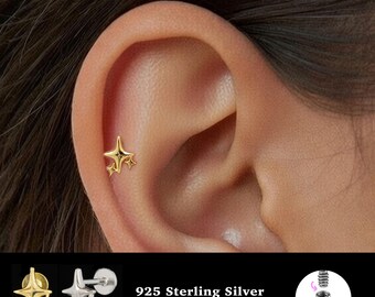 18/16G Star Internally Threaded • 925 Sterling Silver • Tragus Stud • Flat Back Earring • Helix • Conch • Cartilage Stud