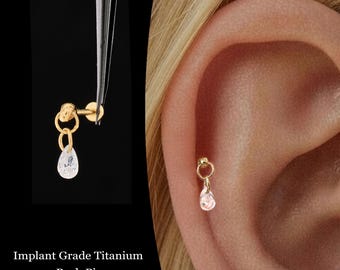20/18/16G Dangle Pear Shape Push Pin Labret • Titanium Threadless Flat Back Earring • Tragus Stud • Helix Stud • Cartilage Stud • Nose Stud