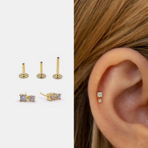18g Push Pin Labret Stud • 925 Sterling Silver • Tiny Cz Dangle Stud • Tragus Stud • Flat Back Earring • Helix • Conch • Cartilage Stud