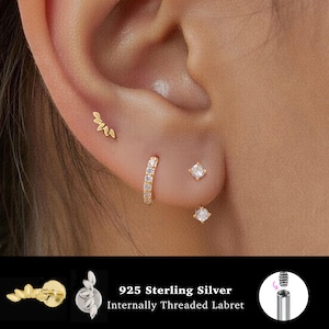 18/16G Leaf Internally Threaded • 925 Sterling Silver • Tragus Stud • Flat Back Earring • Helix • Conch • Cartilage Stud
