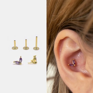 18g Push Pin Labret Stud • 925 Sterling Silver • Tiny Cz Flower Stud • Tragus Stud • Flat Back Earring • Helix • Conch • Cartilage Stud