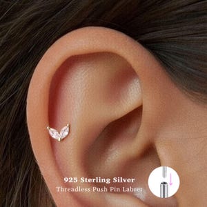 18g Push Pin Labret Stud • 925 Sterling Silver • Tiny Cz Flower Stud • Tragus Stud • Flat Back Earring • Helix • Conch • Cartilage Stud