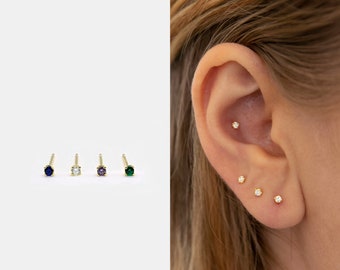 2mm Tiny Cz Stud Earrings • Emerald, Purple, Sapphire, White Cz Earrings • Tiny dainty earrings • Tiny gold studs