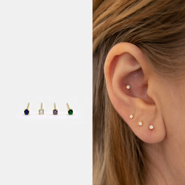 2mm Tiny Cz Stud Earrings • Emerald, Purple, Sapphire, White Cz Earrings • Tiny dainty earrings • Tiny gold studs