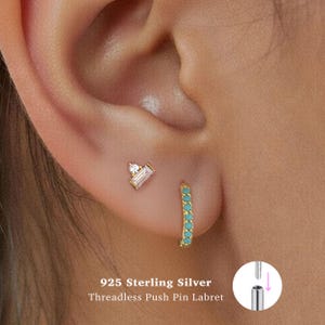 18g Push Pin Labret Stud • 925 Sterling Silver • Tiny Baguette Stud • Tragus Stud • Flat Back Earring • Helix • Conch • Cartilage Stud