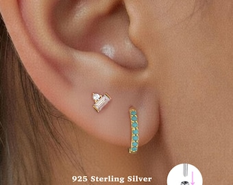 18g Labret Ohrstecker • 925 Sterling Silber • Kleiner Baguette Ohrstecker • Tragus Ohrstecker • Flache Rückseite • Helix • Muschel • Knorpel Ohrstecker