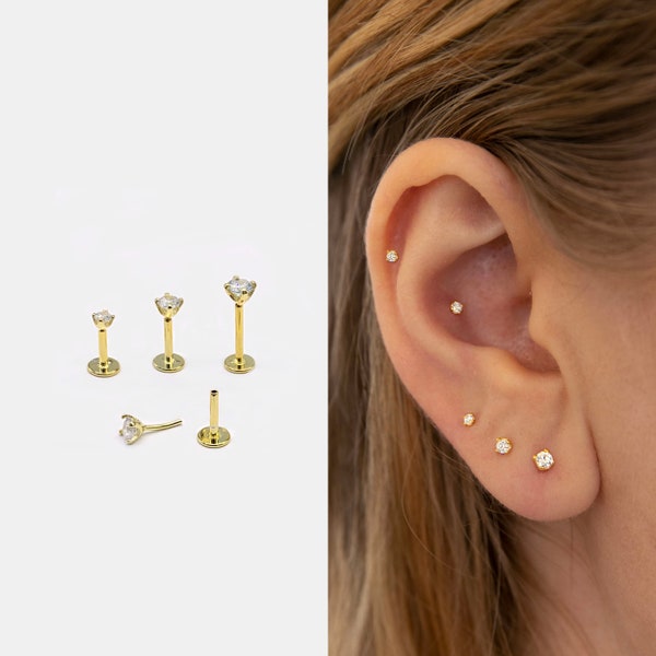 18g Push Pin Labret Stud • 925 Sterling Silver • Tragus Stud • Flat Back Earring • Helix • Conch • Cartilage Stud