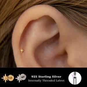 18/16G Starburst Internally Threaded • 925 Sterling Silver • Tragus Stud • Flat Back Earring • Helix • Conch • Cartilage Stud
