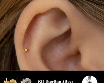 18/16G Starburst Internally Threaded • 925 Sterling Silver • Tragus Stud • Flat Back Earring • Helix • Conch • Cartilage Stud