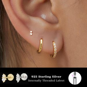 18/16G Two Stone Internally Threaded • 925 Sterling Silver • Tragus Stud • Flat Back Earring • Helix • Conch • Cartilage Stud