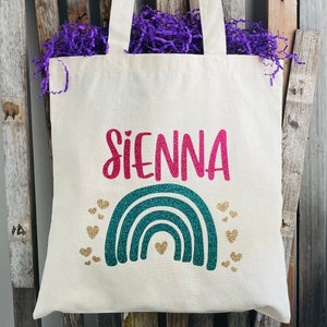 Personalized Glitter Kids Canvas Tote Bag: Rainbow Library Tote